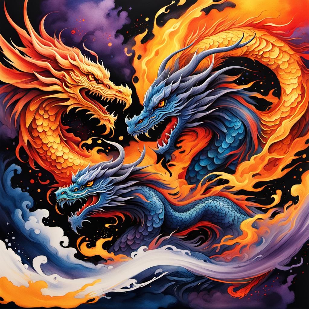 Dragon and Phoenix Ink Wash Painting in Flight