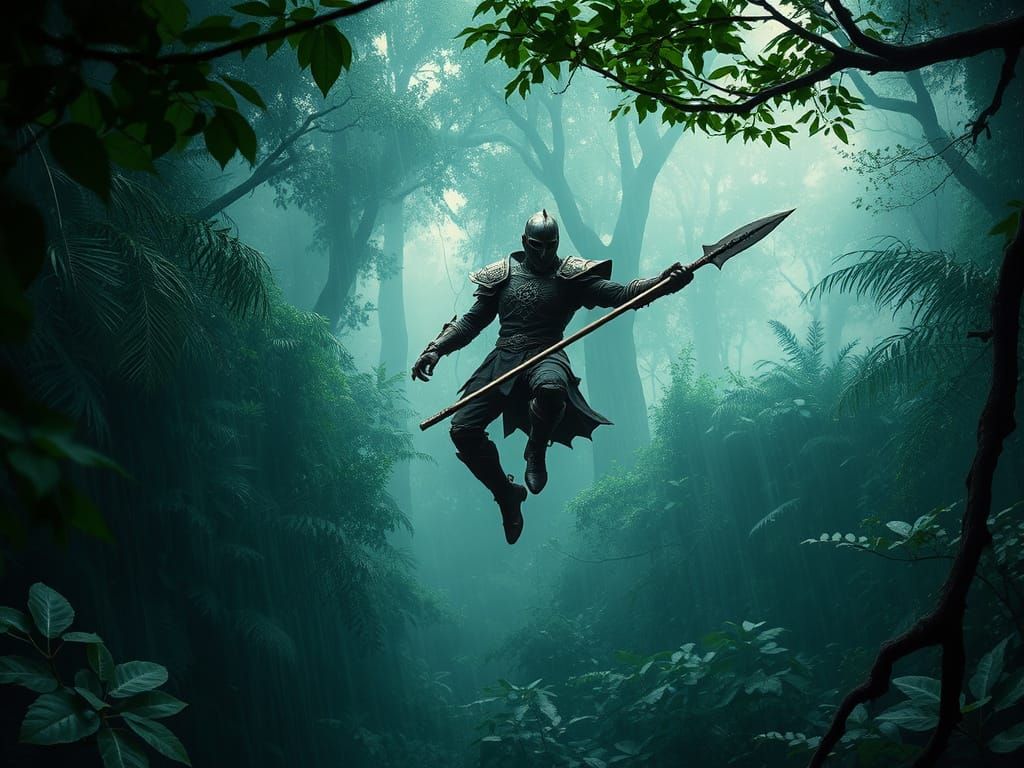 Surreal Warrior in Emerald Forest, Suspended in Mid-Air, Wie...