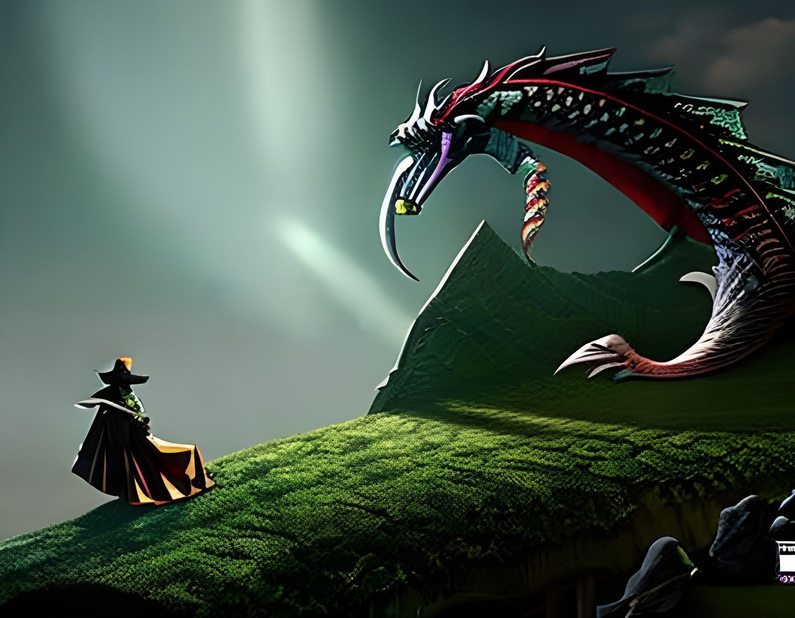 Cowboy vs Dragon Shootout in Dark Fantasy Style