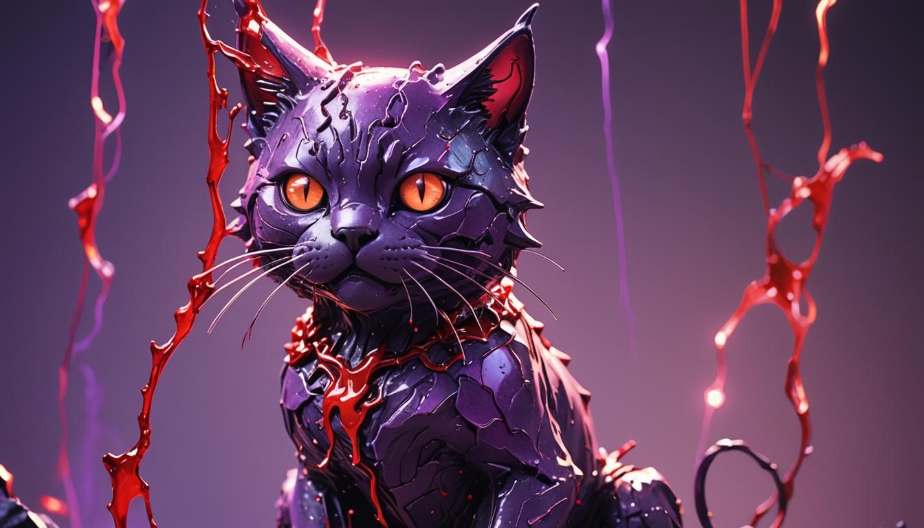Cracked Cat Statue with Neon Aura, Anime-Inspired 3D Renderi...