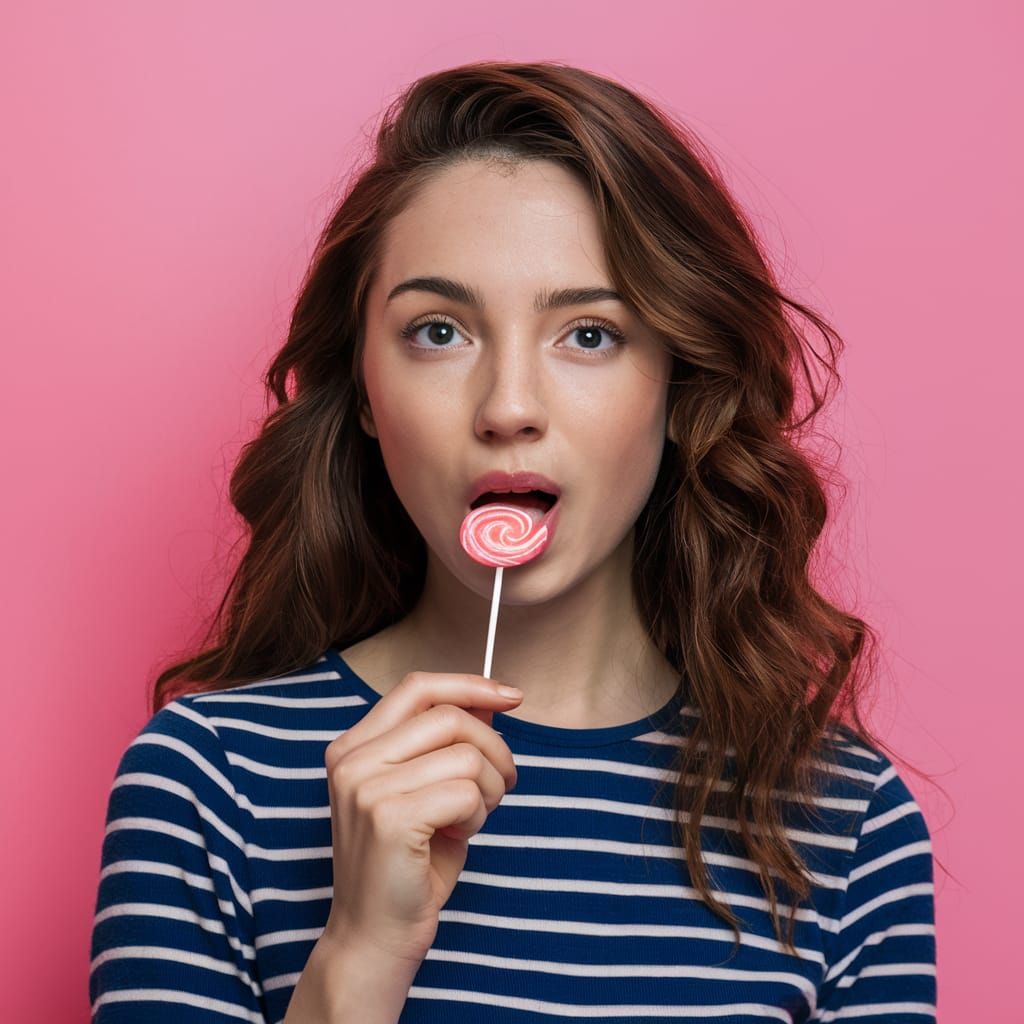 A young woman licking a lollipop