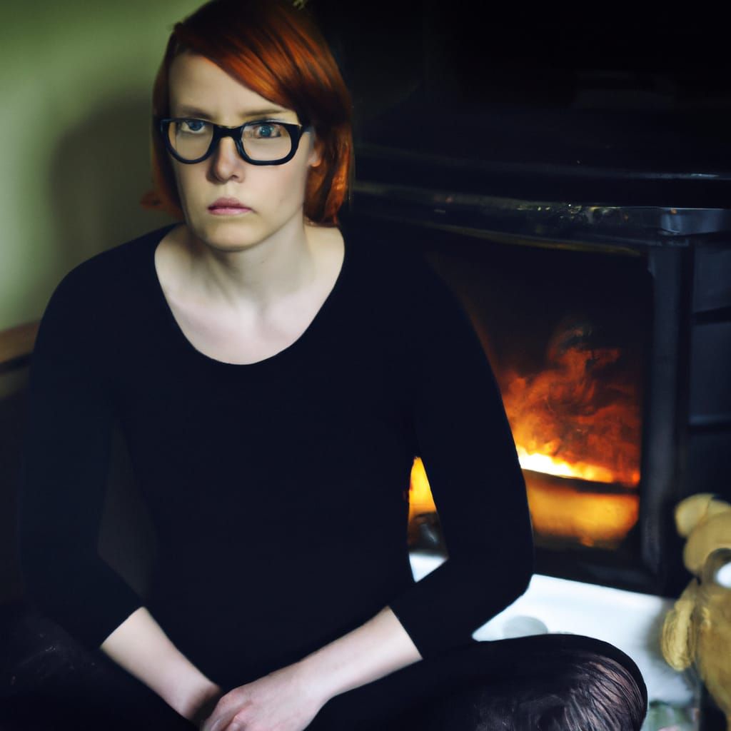 Pretty woman with short ginger hair and glasses wearing black teddy and black bik8n8 bottom sitting cross-legged in fron...