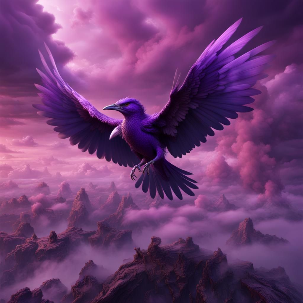 Fantastical Bird Soaring Through Thunderous Purple Clouds