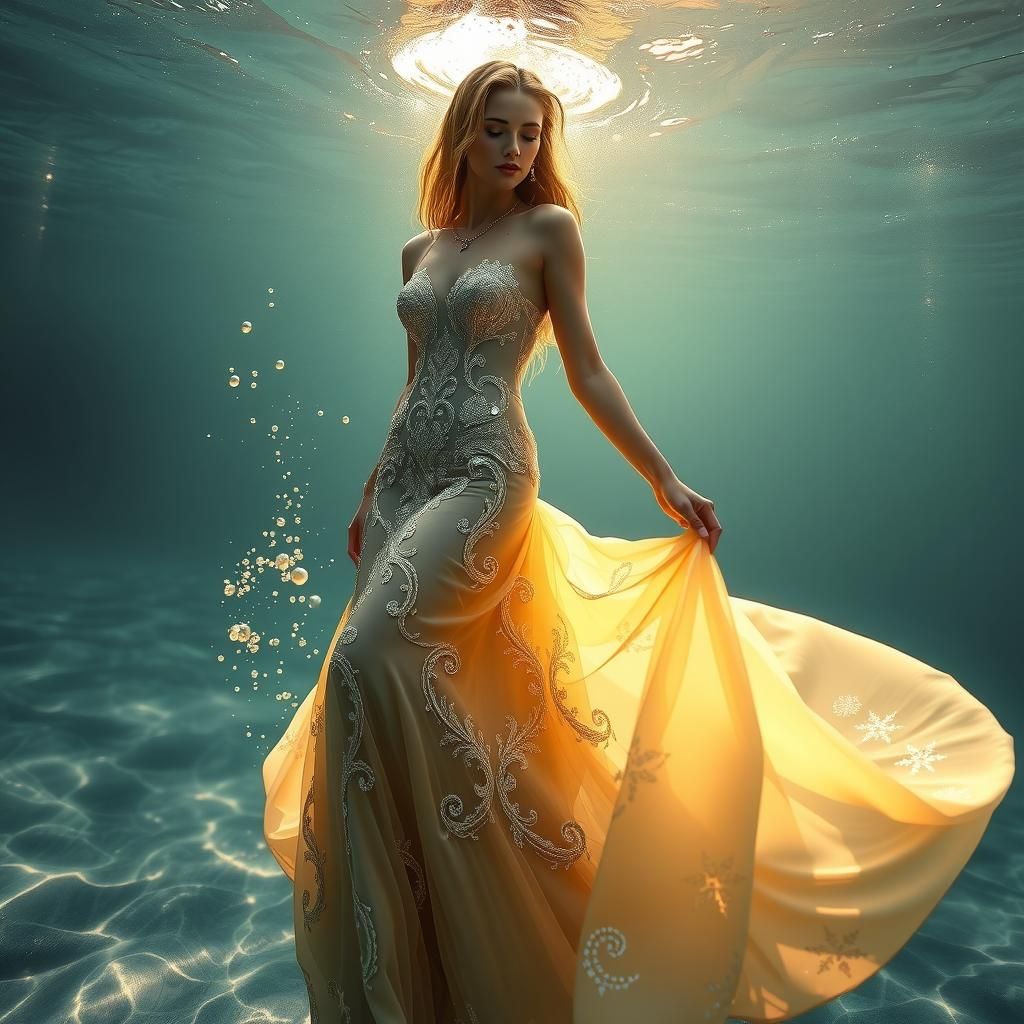 Model in Gown Underwater: Dreamlike Digital Painting