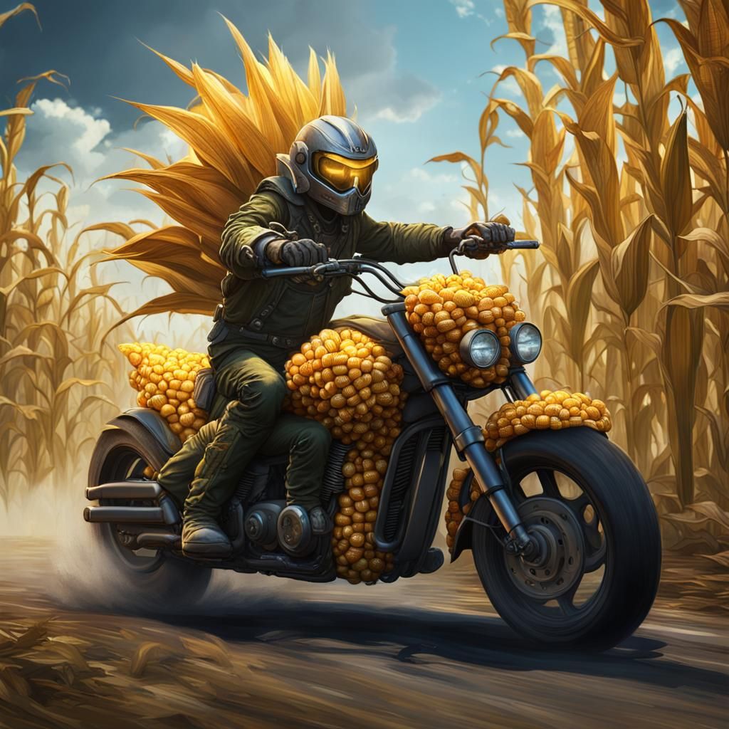 Person in Corn Costume on Motorcycle: Fantasy Art