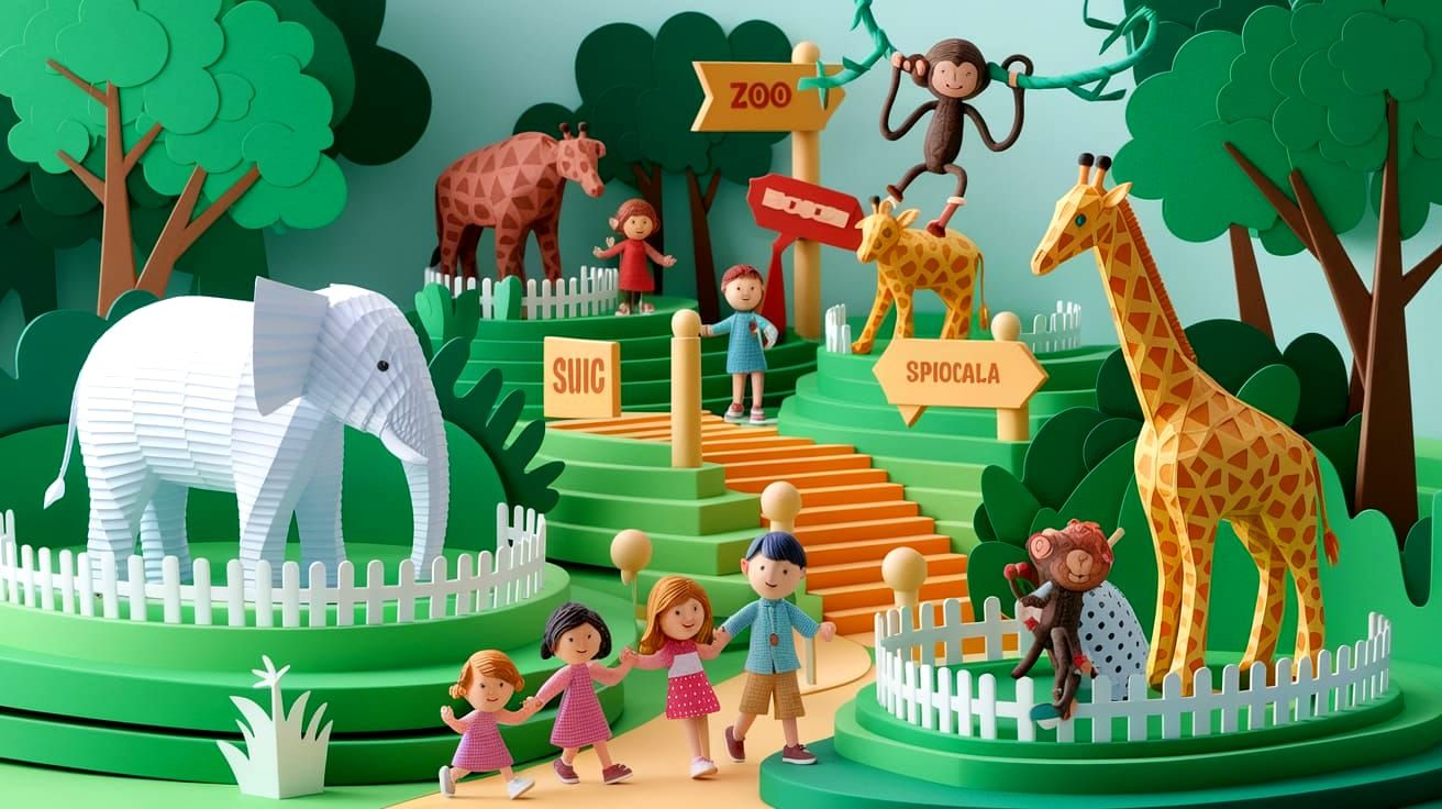 Playful Paper-Crafted Zoo Scene with 3D Animals
