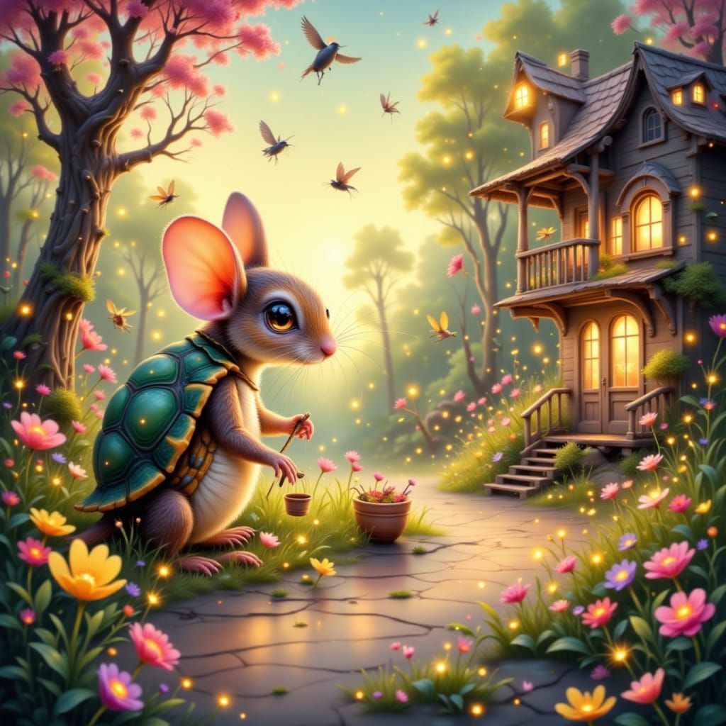Miniature Turtle and Mouse in Pastel Town