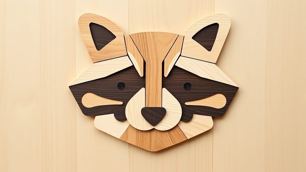 Stylized Wooden Raccoon Puzzle Design