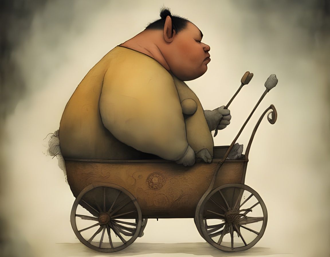 "A sumo wrestler in a baby carriage", Andy Kehoe + Jean-Baptiste Monge; HD 3D Watercolour Painting