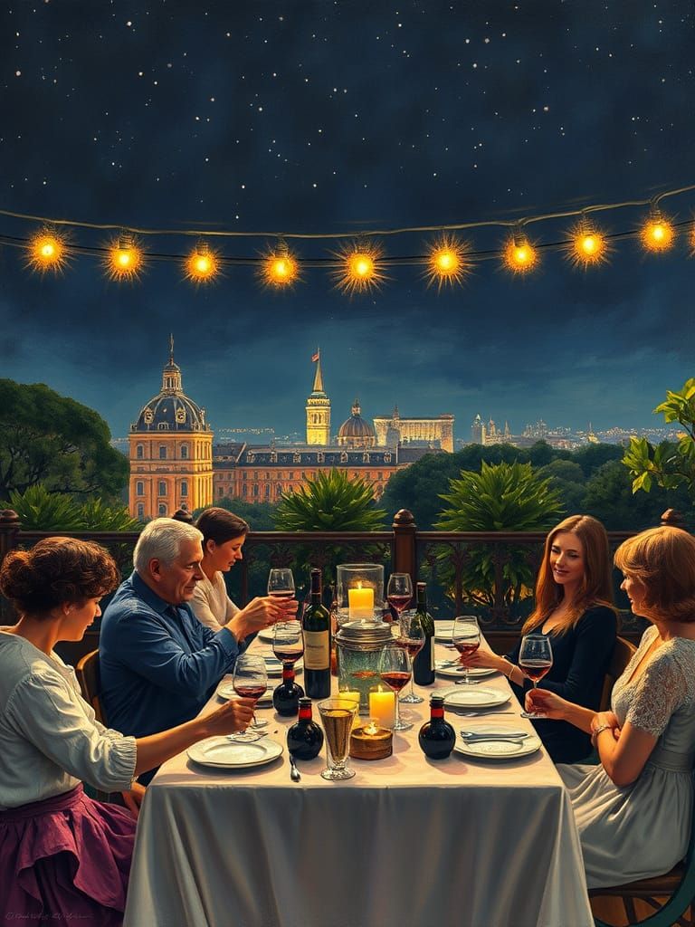 Dinner Party Under Starry Night Sky in Impressionist Style