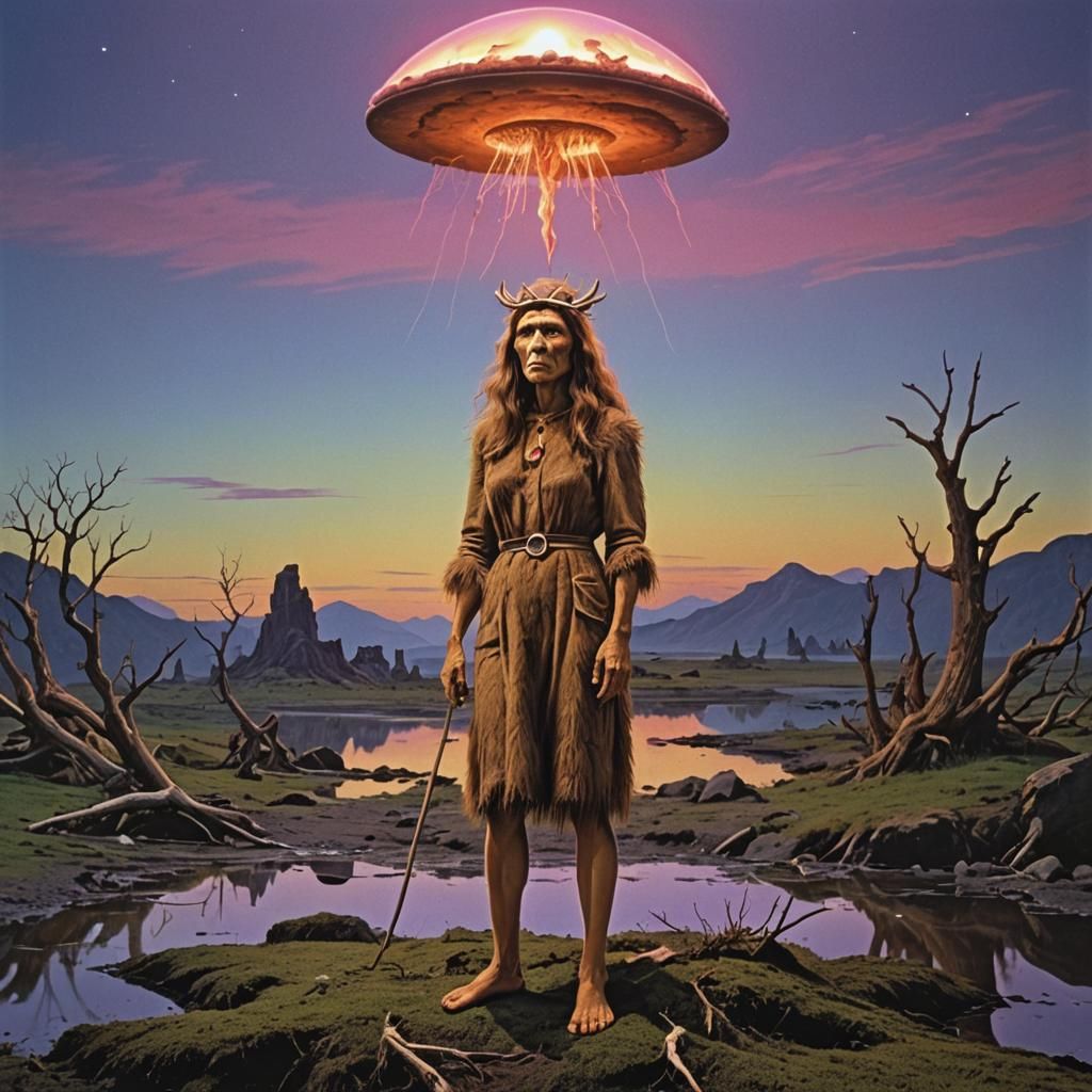 Neanderthal Woman and Bugs Bunny Shaman in Neon