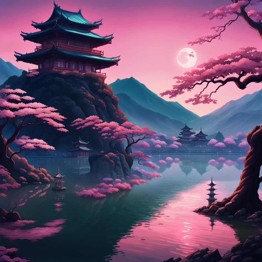 Sakura Tree Portrait with Retro Elements in Ukiyo-e Style