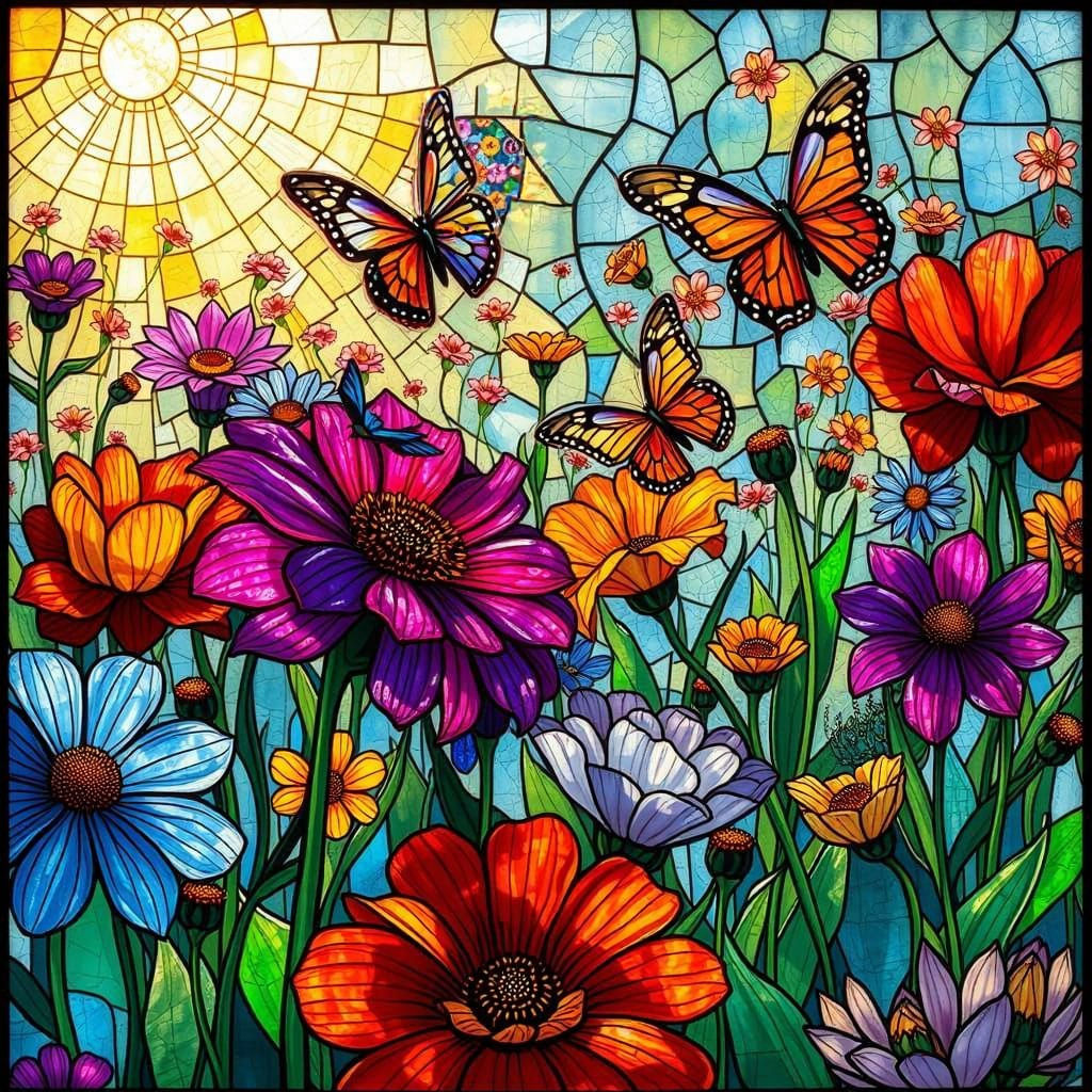 Stained Glass Flower Field with Butterflies