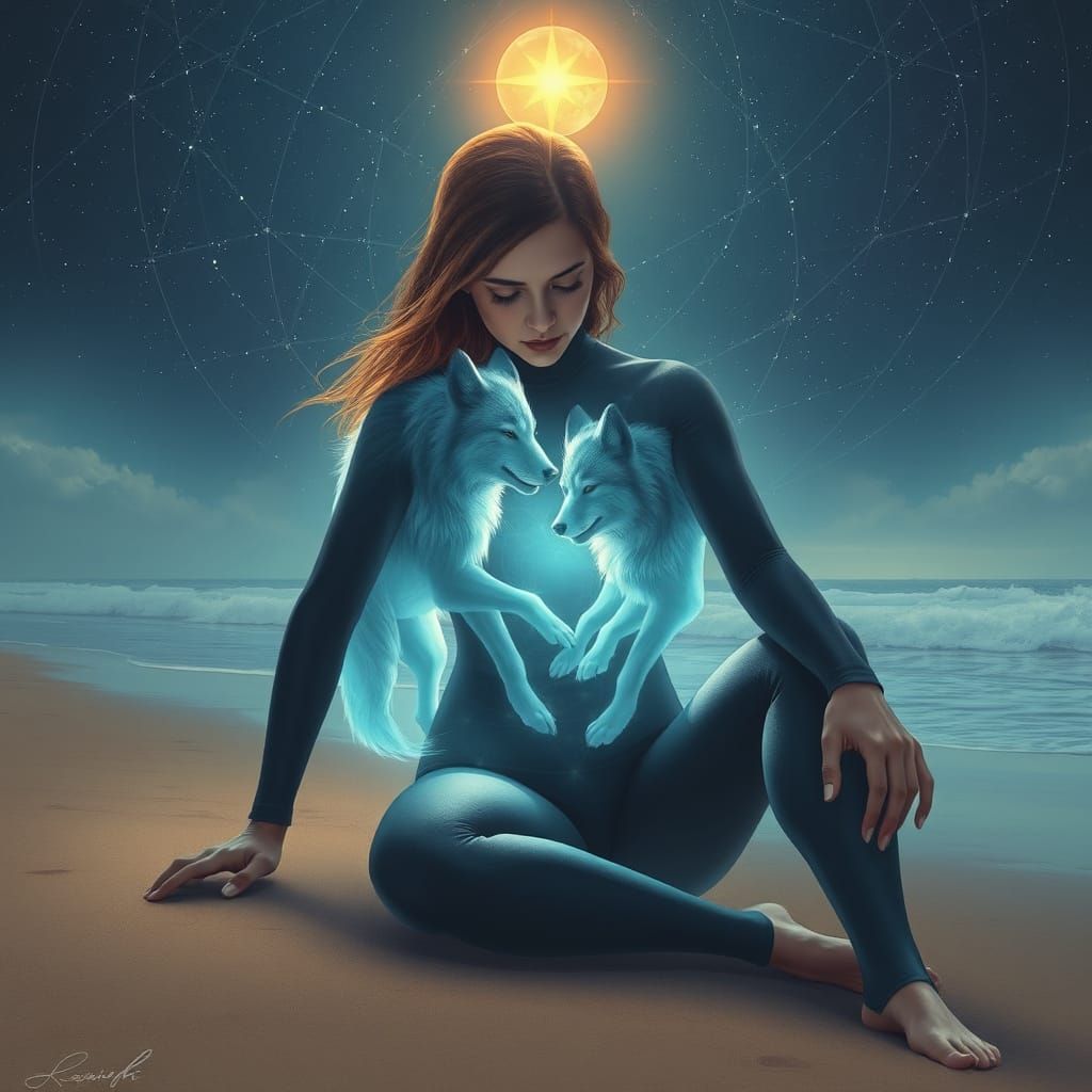 Surfer and Ghostly Wolf Spirits in Ethereal Glow