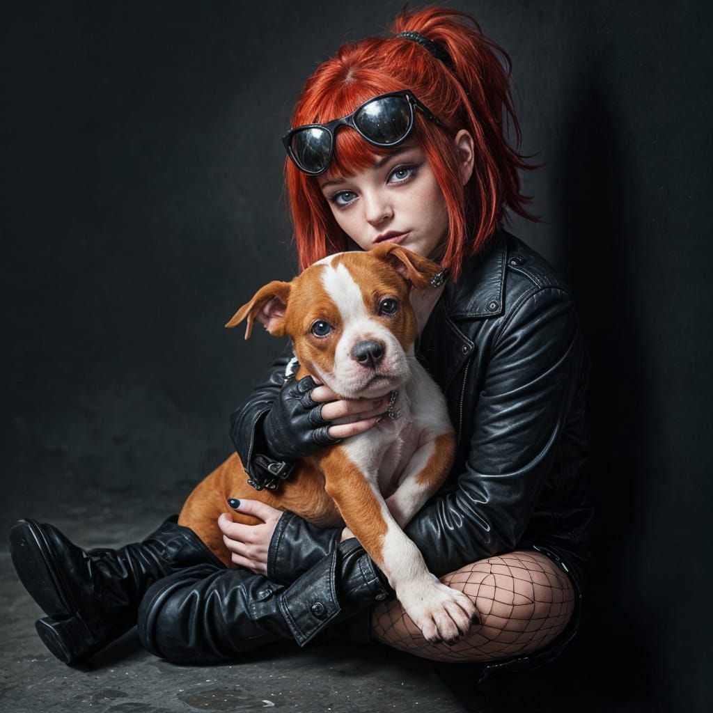 Punk-Goth Girl with Pitbull Puppy: Edgy and Endearing