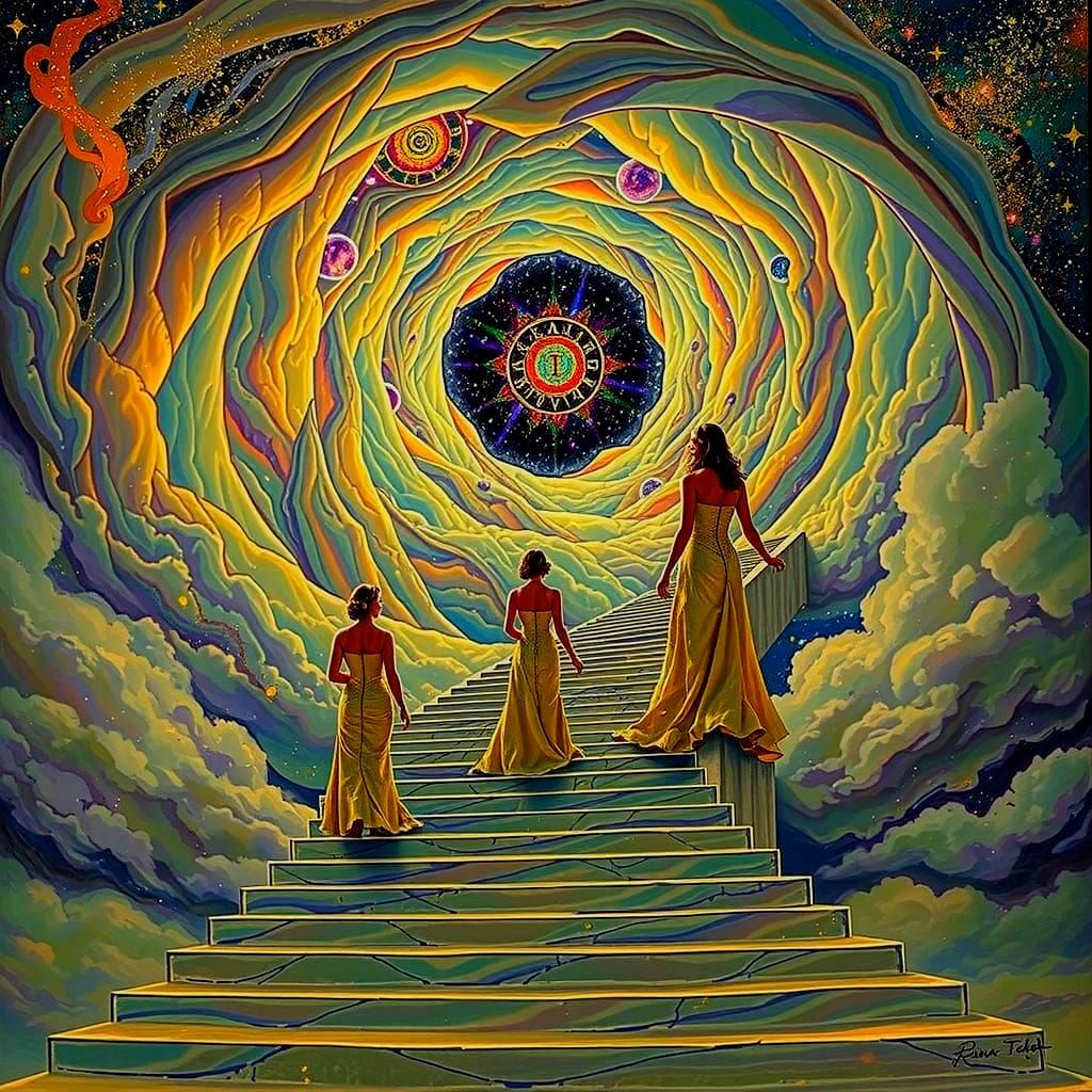 Elegant Women Ascend Celestial Staircase in Hyperrealistic A...