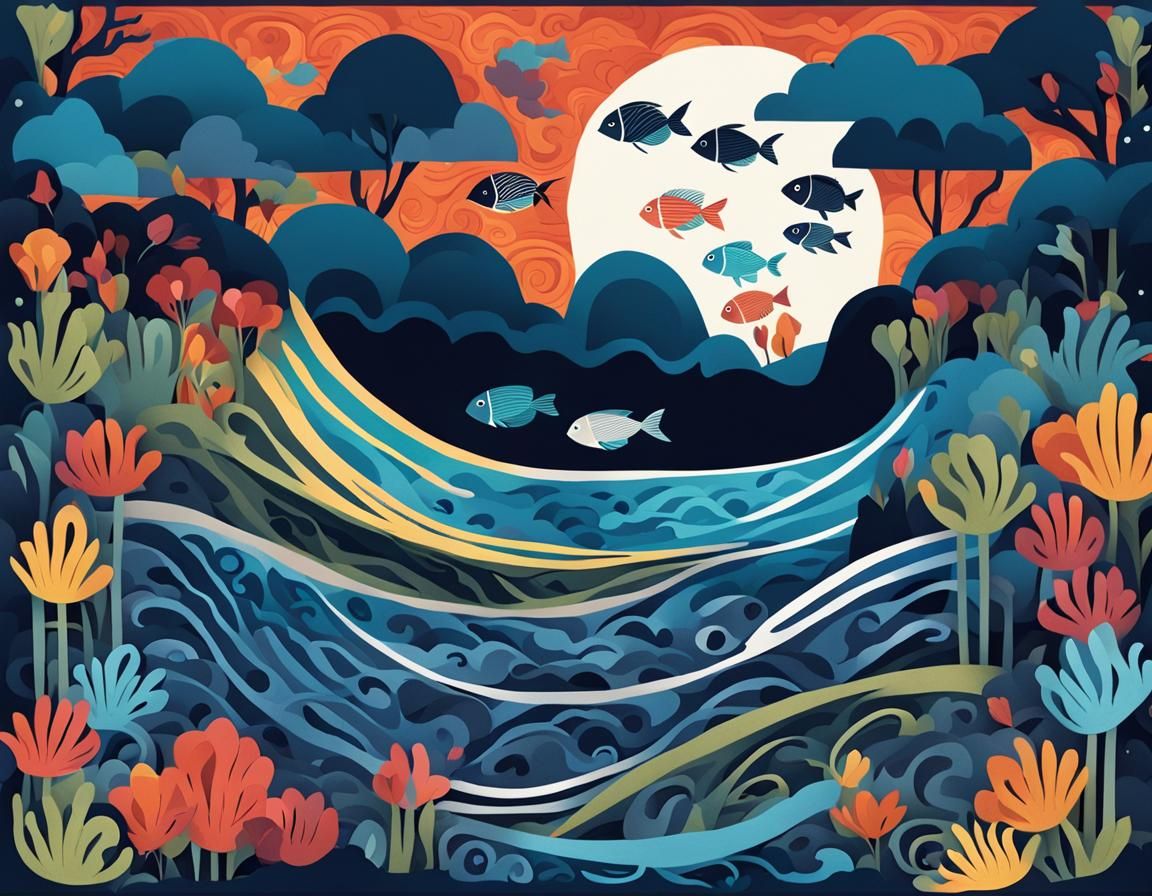 Whimsical Papercut Poster of a Fish Waterfall