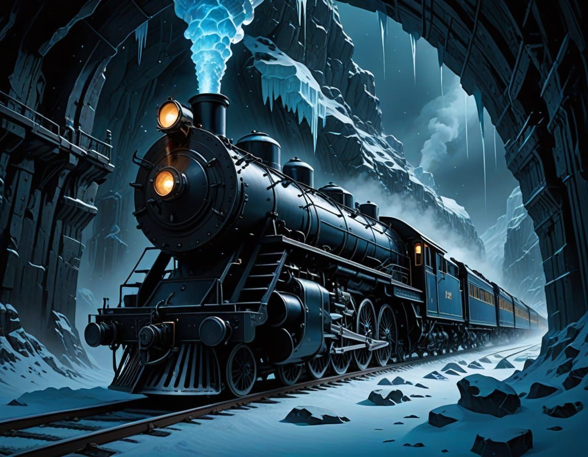 Icy Cavern Steam Train in Art Nouveau Style