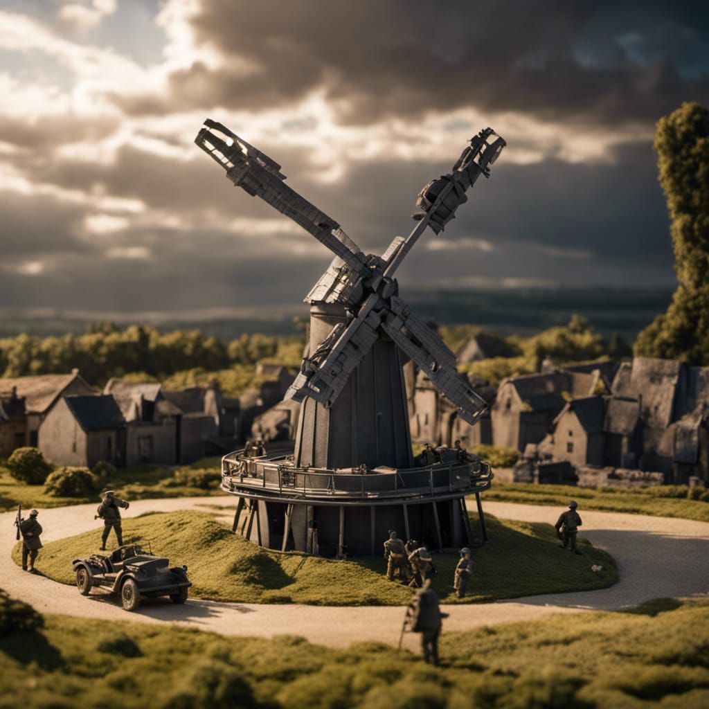 WWII Battle Diorama with Windmill in 3D