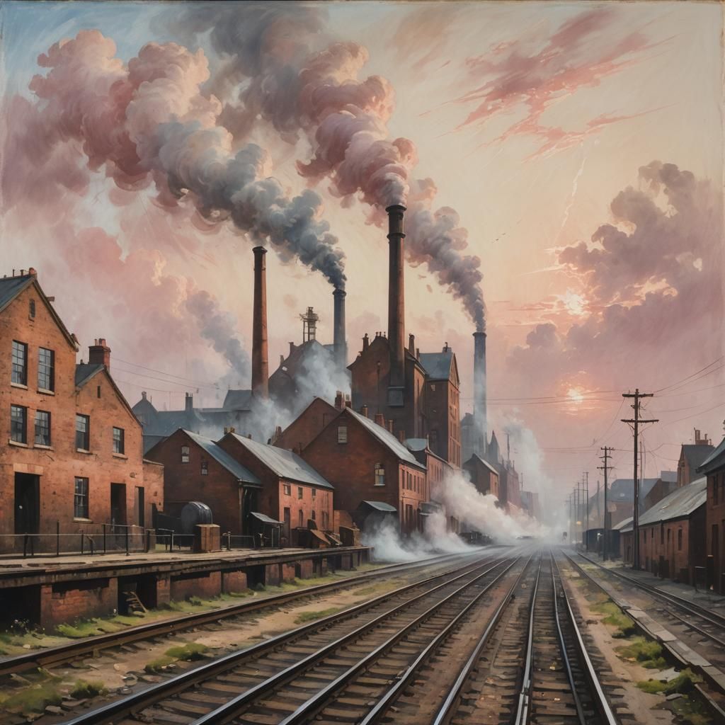 Industrial Landscape Painting with Pink Flying Pig