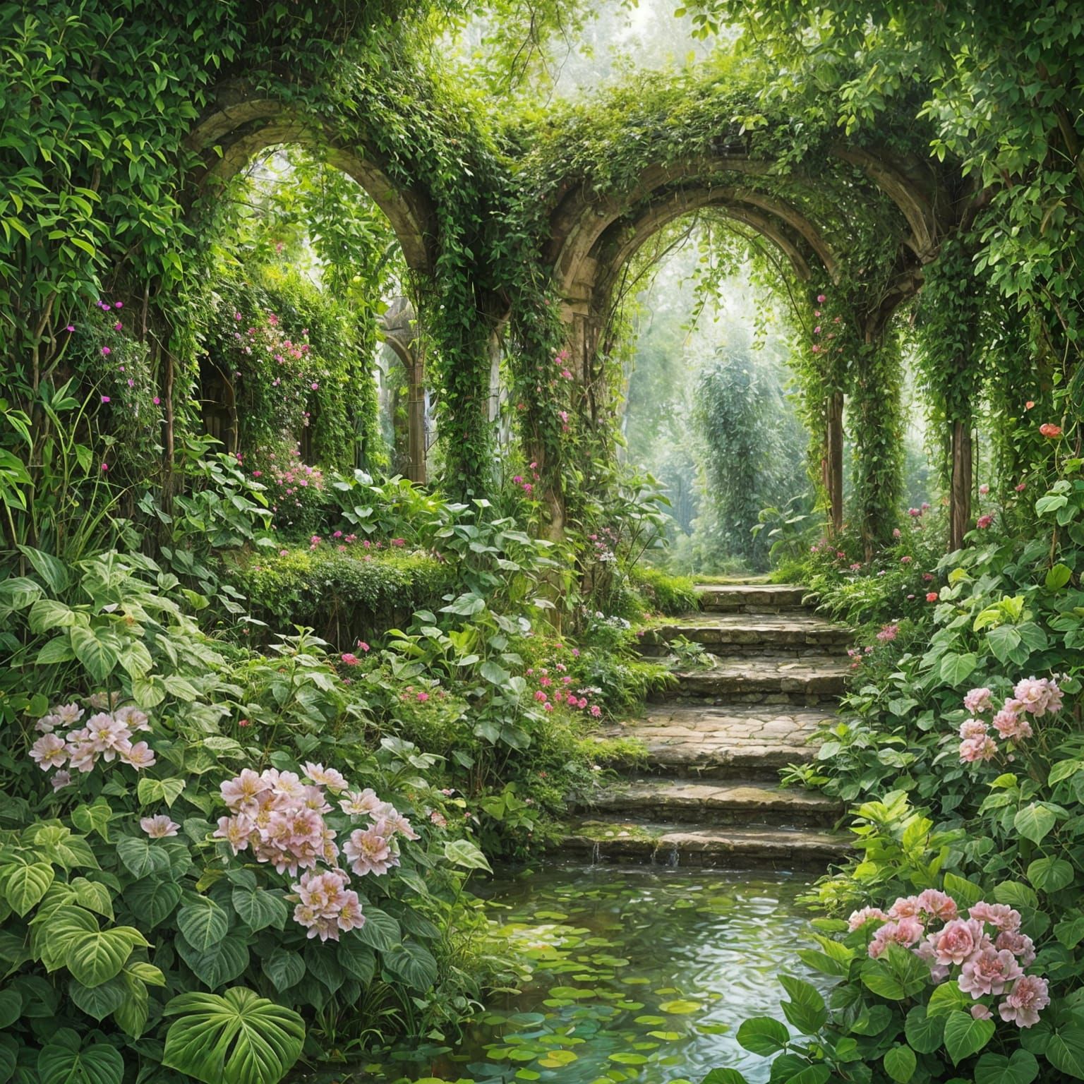 Serene Green Spa Retreat in Impressionist Style