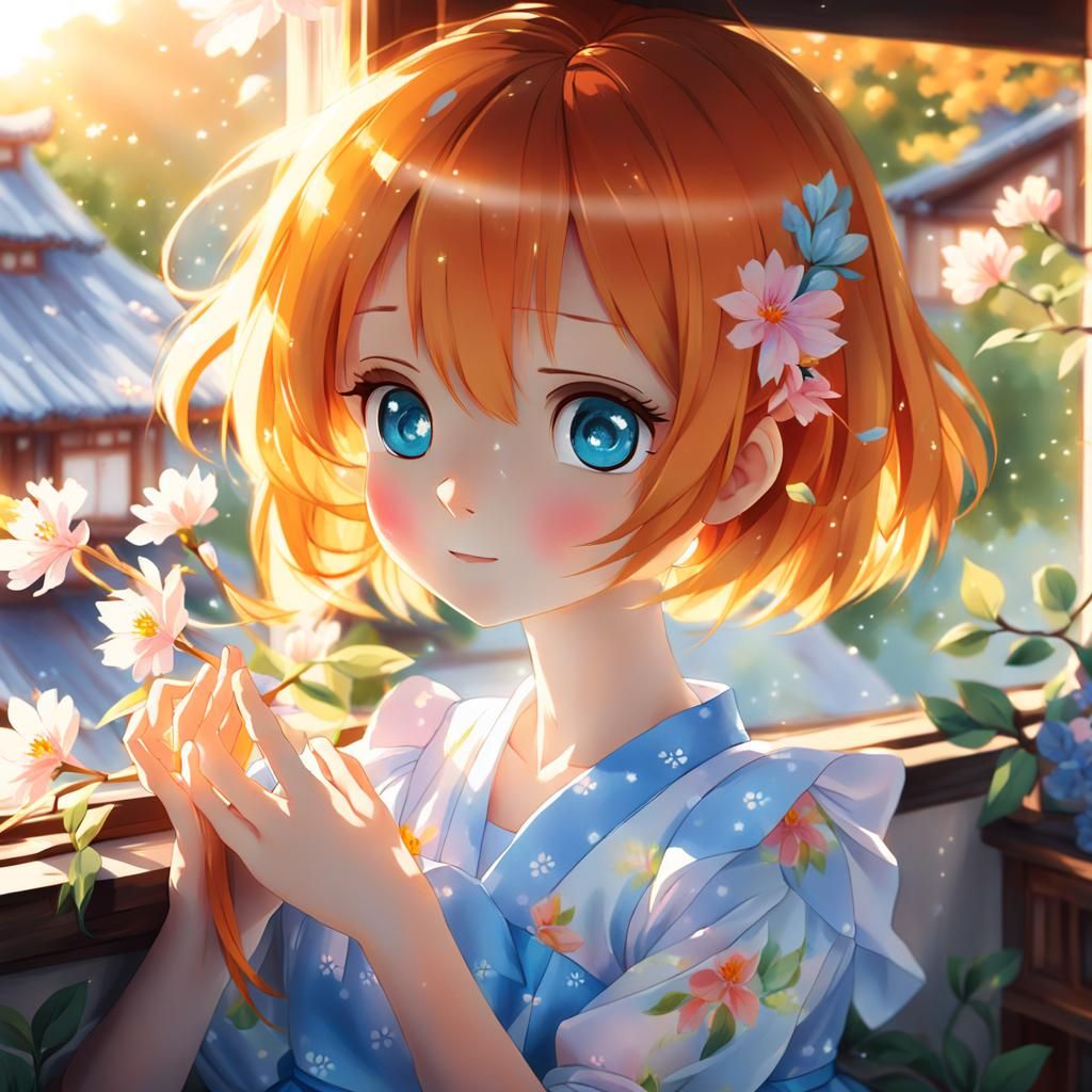 Anime Girl with Orange Hair in Watercolor Style