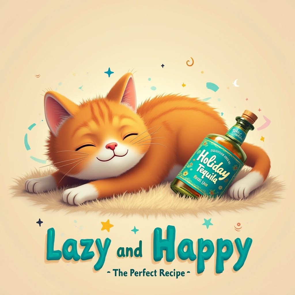 Relaxed Orange Cat Surrounded by Whimsical Patterns and a Ho...