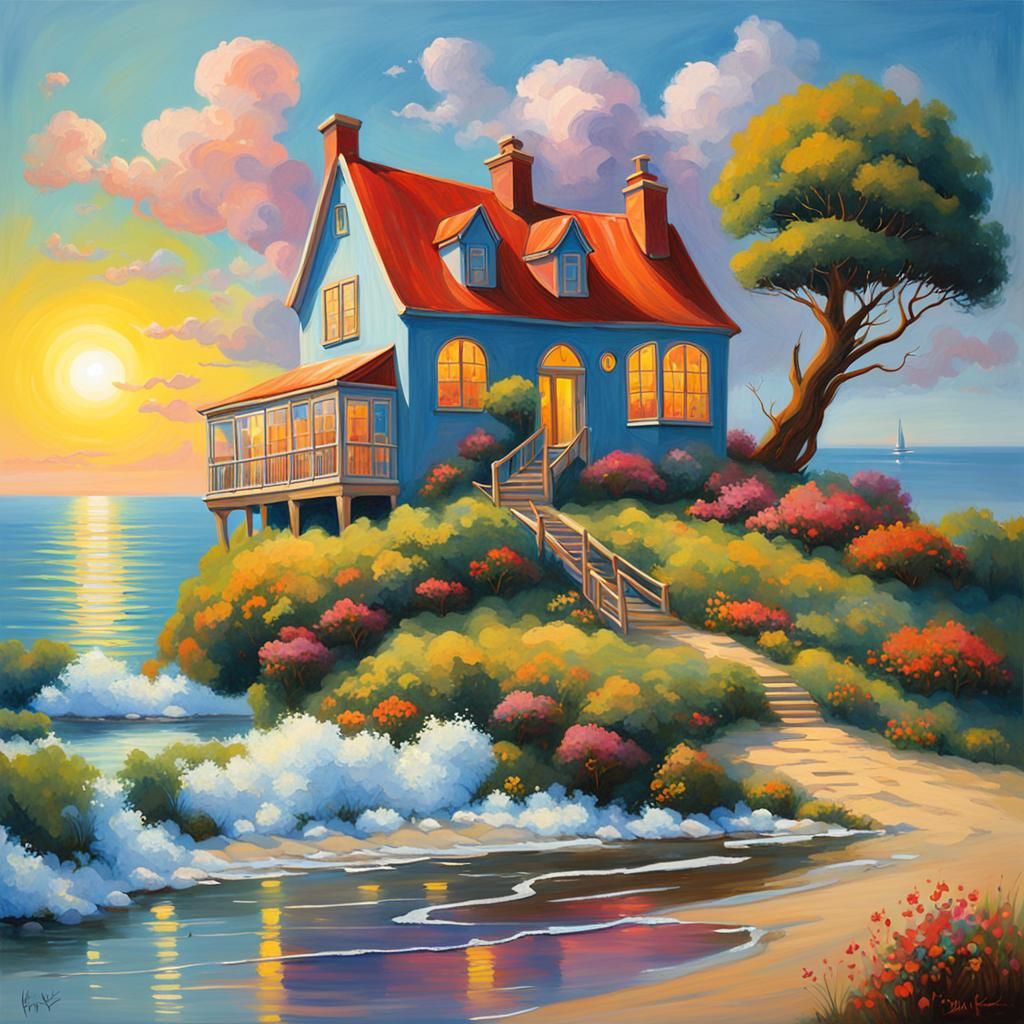 Whimsical Beach House Painting in Mixed Styles