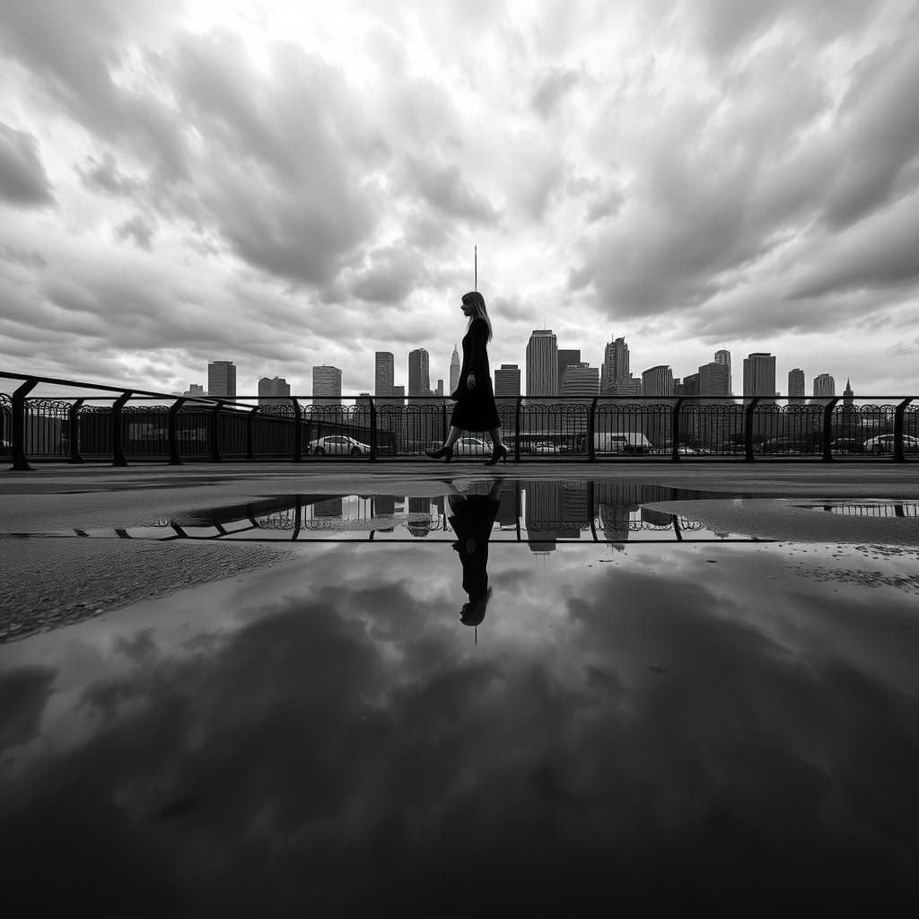 Moody Cityscape in Black and White, Lone Figure Striding in ...