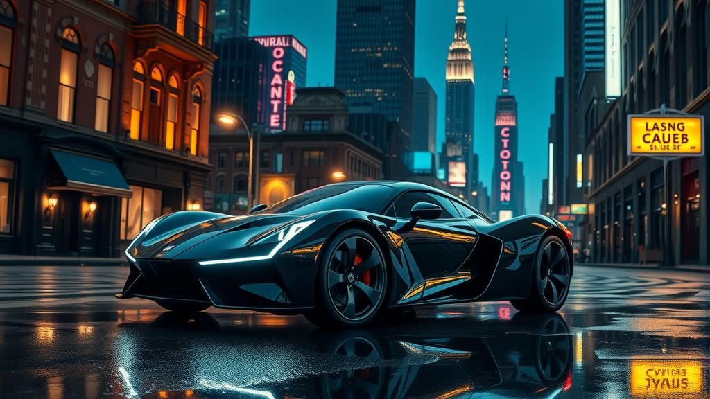 Retro-Futuristic Car in Art Deco Cityscape