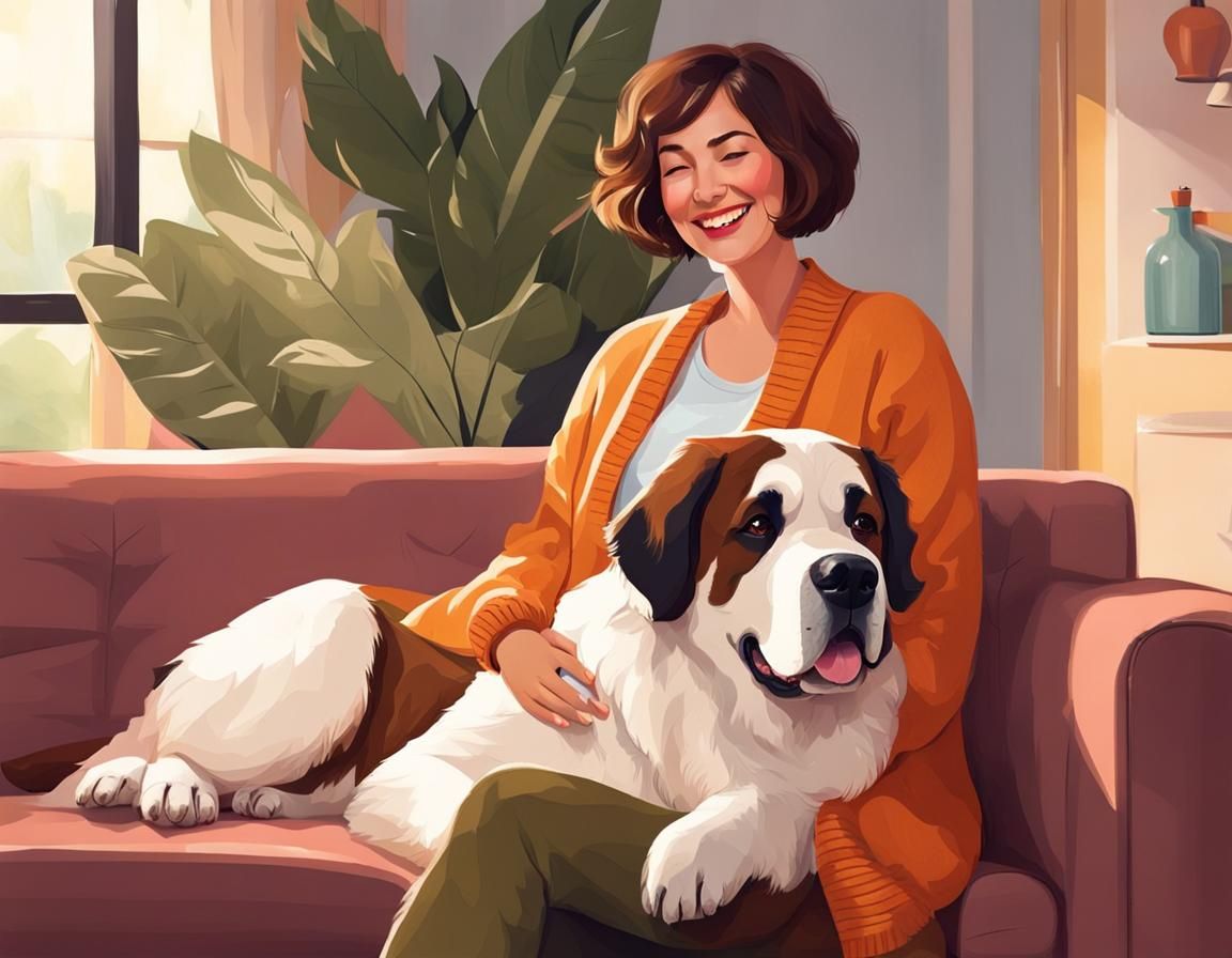 Woman and Saint Bernard in Cozy Digital Painting
