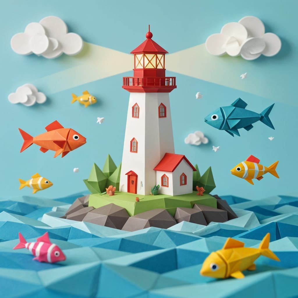 Ocean Creature Lighthouse in Origami Papercraft Style
