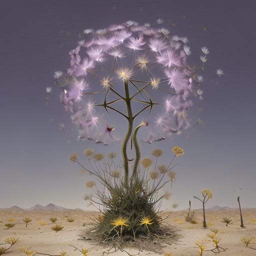 Dandelion Blooms in Dystopian Desert Landscape