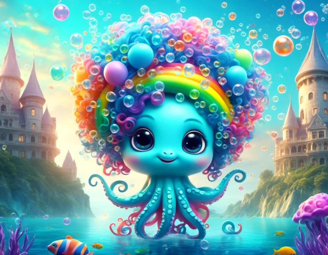 Chibi Rainbow Octopus in Galaxy Ocean Photo