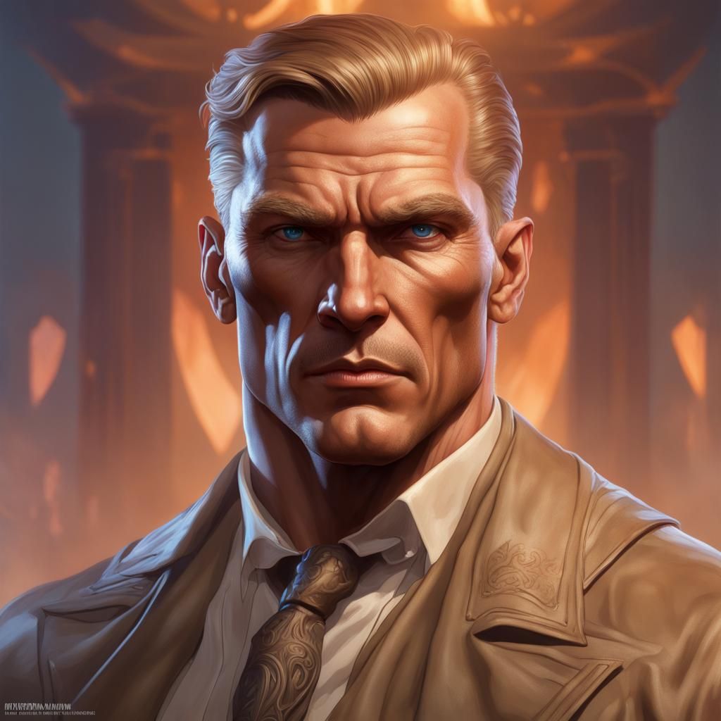 Doc Savage head and shoulders portrait, 8k resolution concept art portrait by Greg Rutkowski, Artgerm, WLOP, Alphonse Mu...