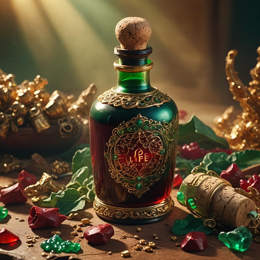Red Life Potion in Ornate Bottle: Fantasy Concept Art