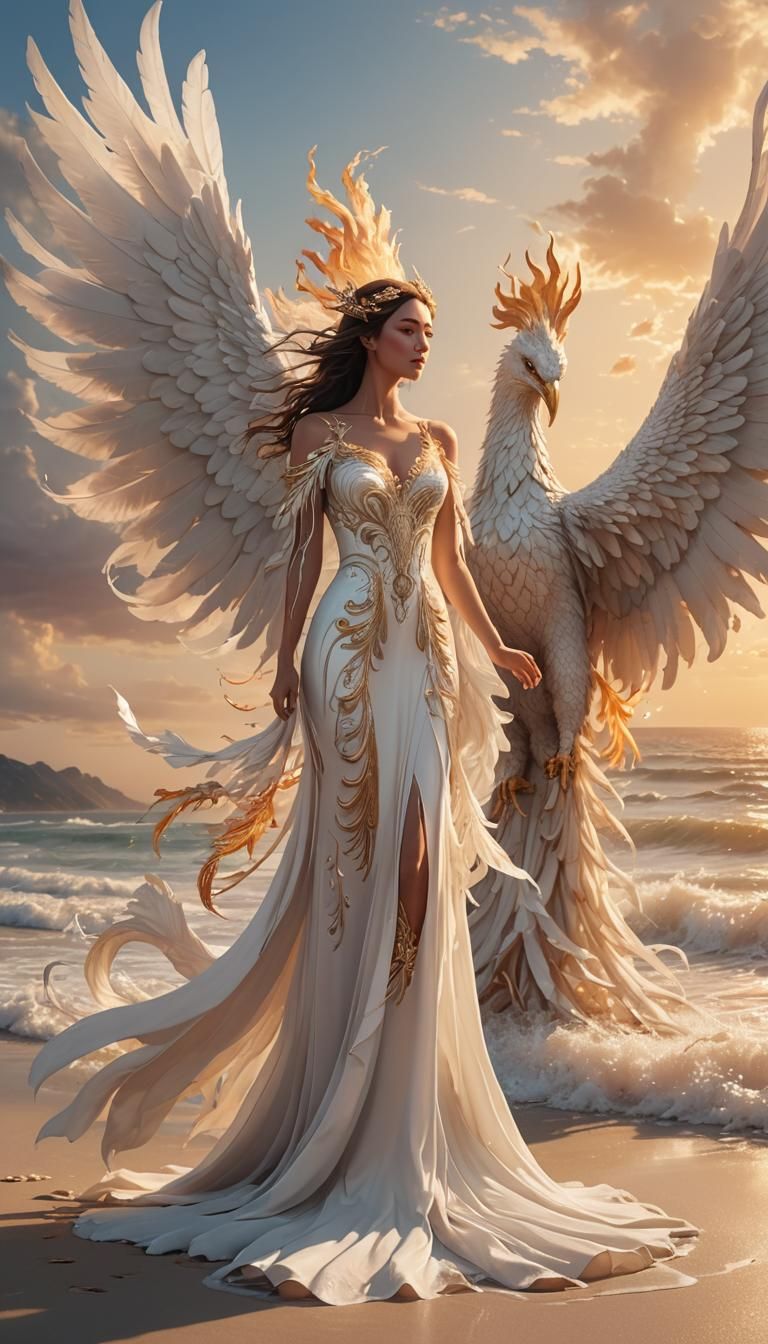 Woman and Phoenix on Beach: Fantasy Concept Art
