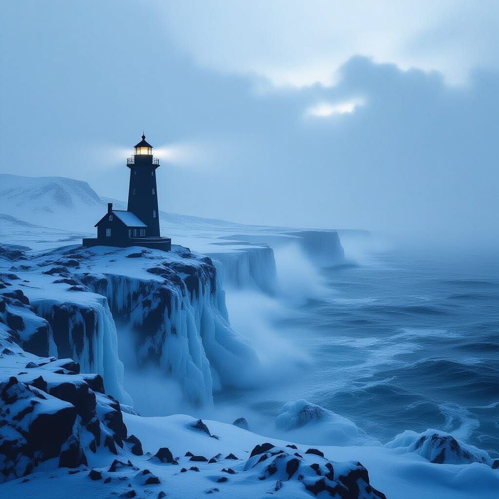 Lighthouse Silhouette in Frozen Coastal Landscape