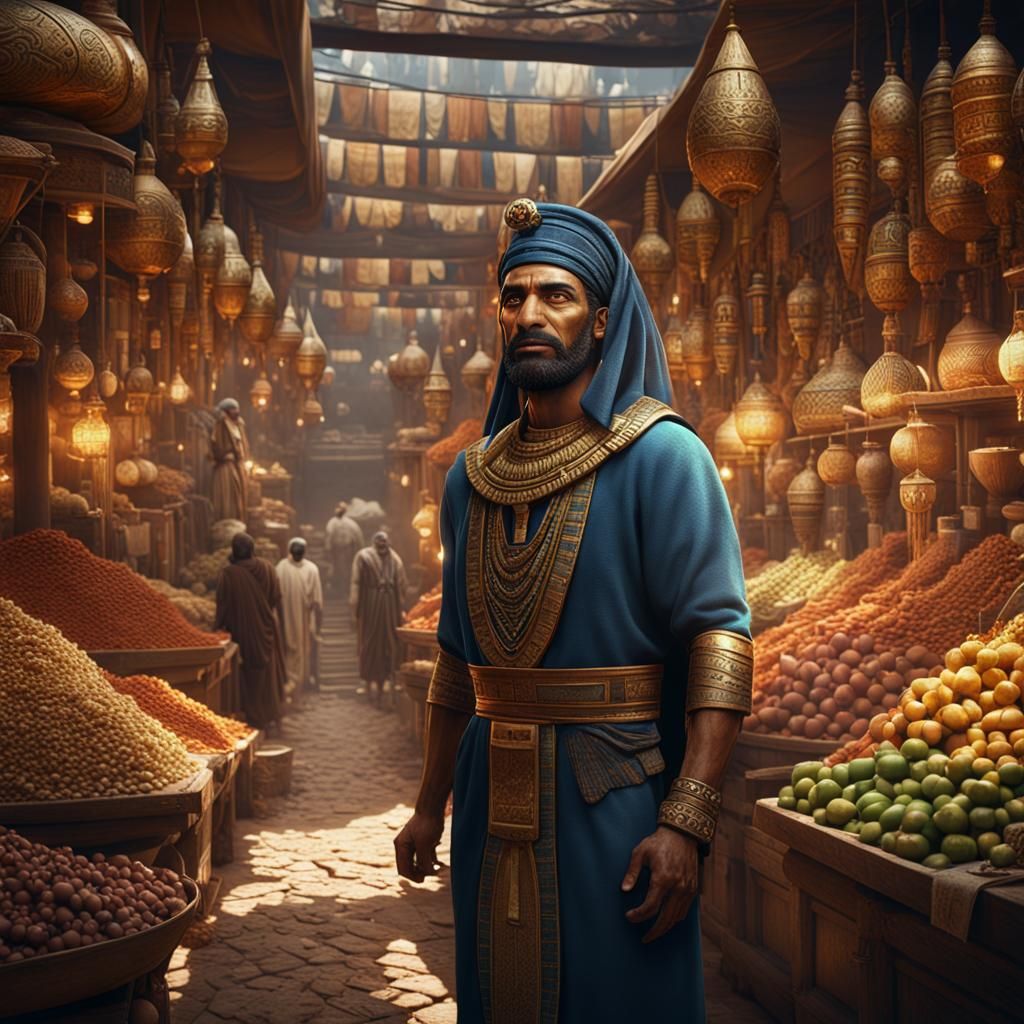 Egyptian Man Posing in Market: Detailed Fantasy Art