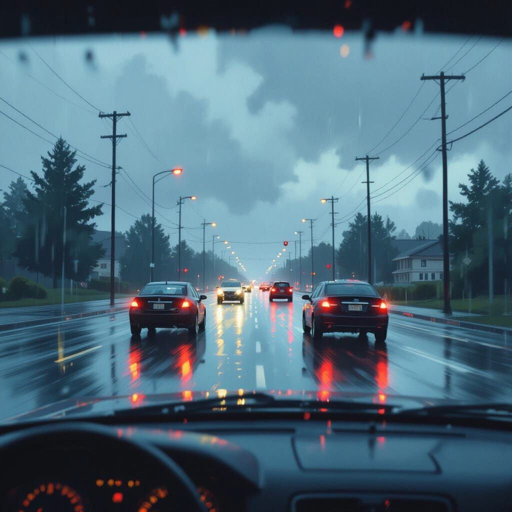 Rainy Street Scene Through Car Window