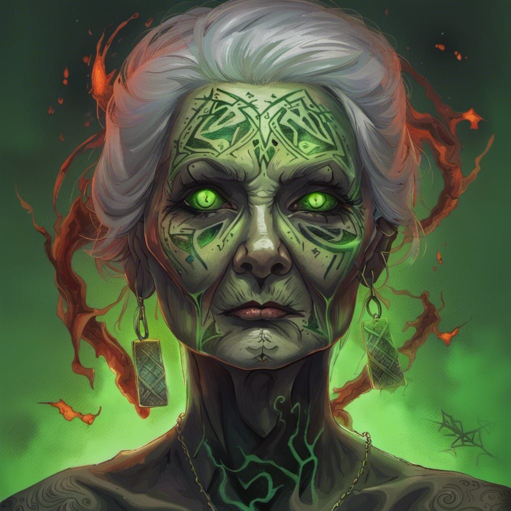 Evil Grandmother with Bloody Rune Tattoos