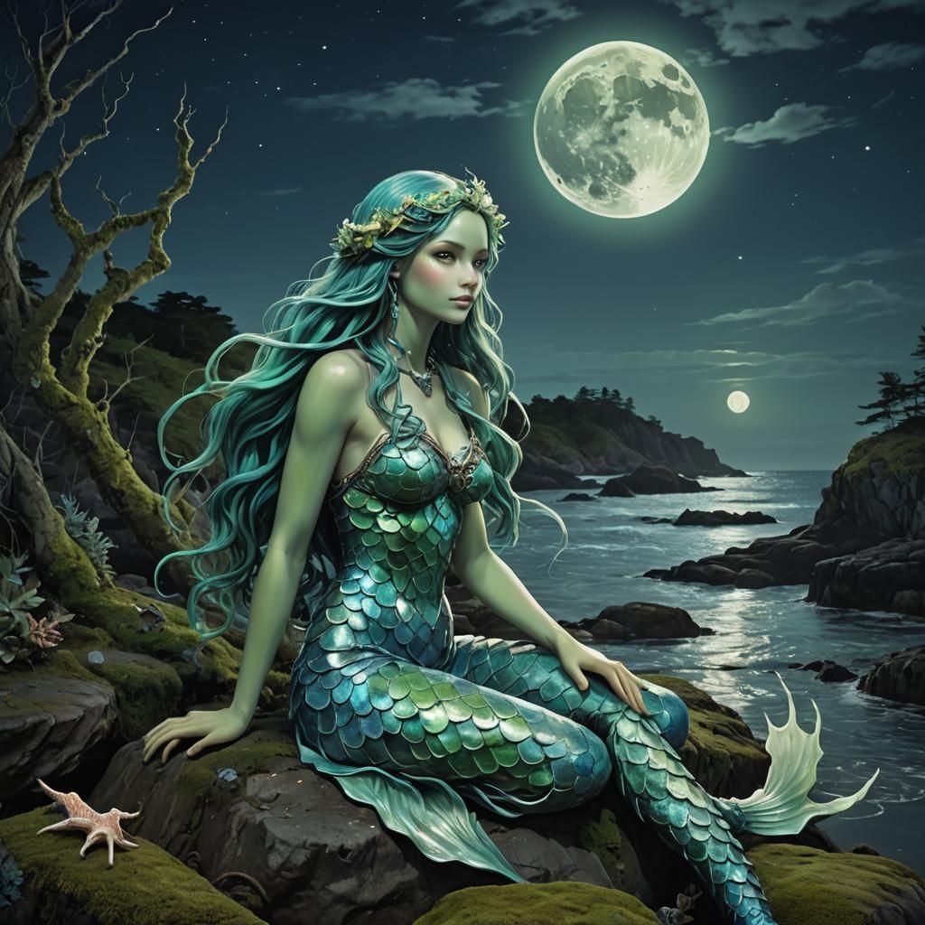 Cyber Mermaid in Bioluminescent Moonlight