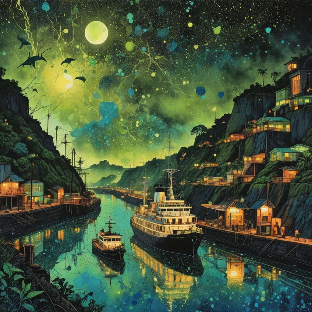 Surreal Bioluminescent Panama Canal in Pointillist Style