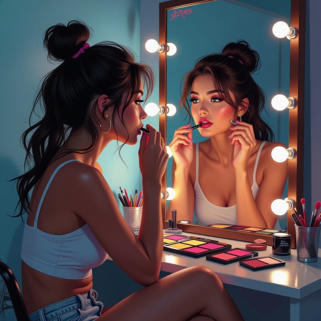 Girl Applying Makeup Before Mirror, Hyperrealistic Splash Ar...
