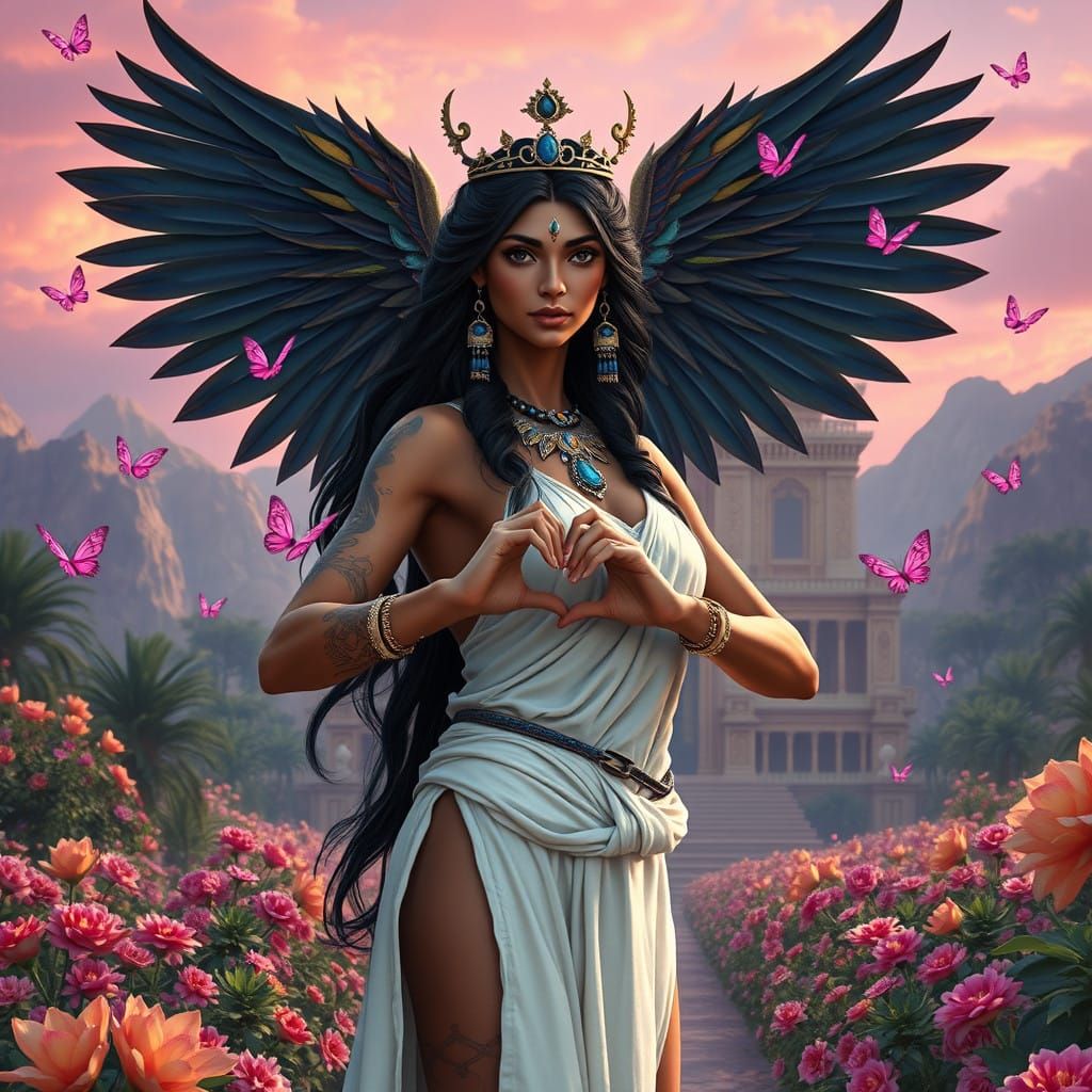 Mythical Goddess of Heaven and Earth in a Lavish Floral Gard...