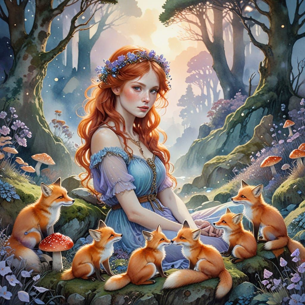 Redhead Woman with Foxes in Alphonse Mucha Style