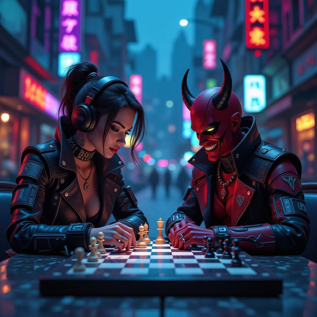 Borderlands Woman Plays Chess in Cyberpunk Diorama