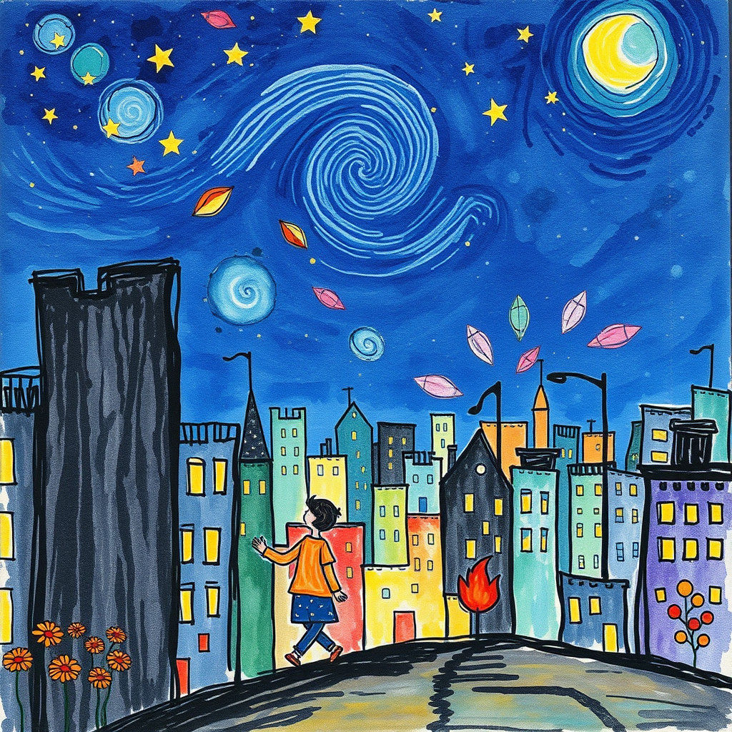Crayon Cityscape with Falling Stars in Dreamy Style