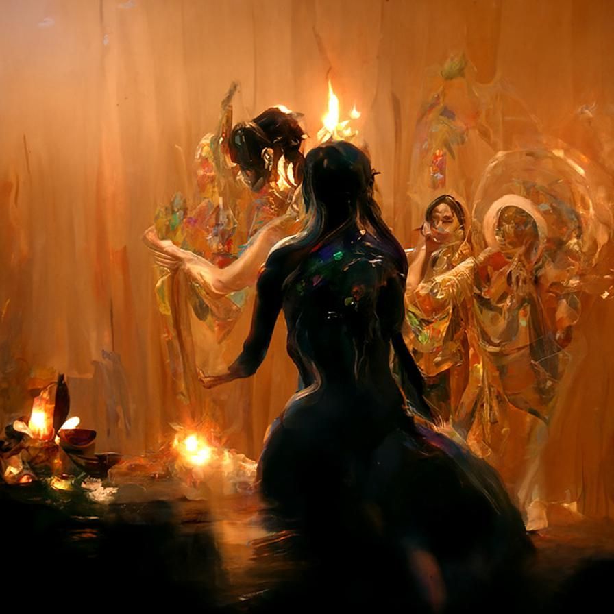Divine Dance: Matte Painting in Folk Art Style