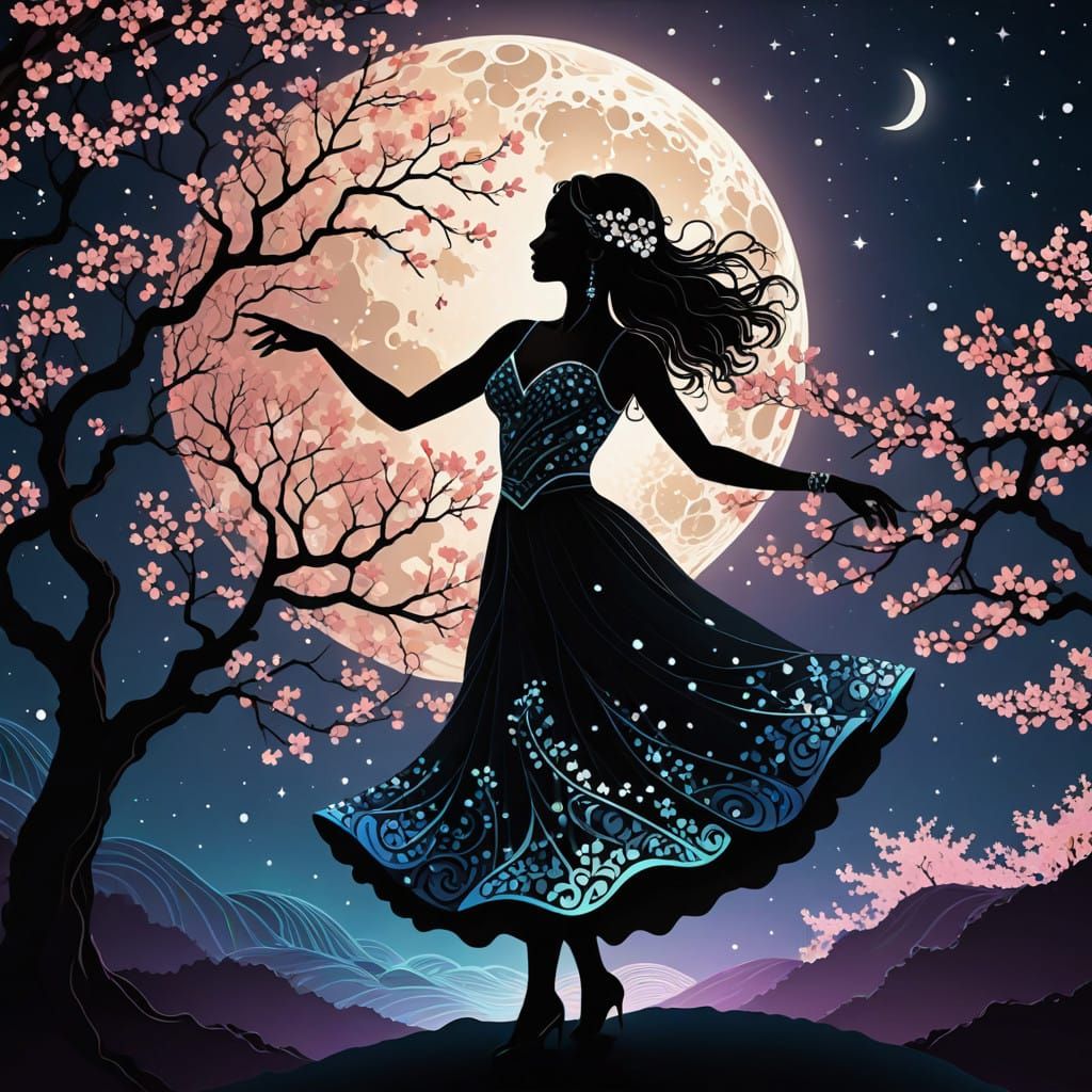 Romantic Cherry Blossom Dance Under Moonlight